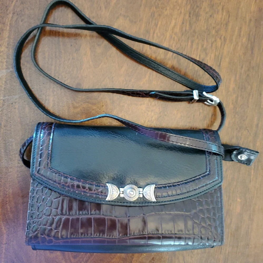 Sold! BRIGHTON Black Leather w/Brown Croc Mini Purse Crossbody Organizer Handbag - Picture 1 of 10